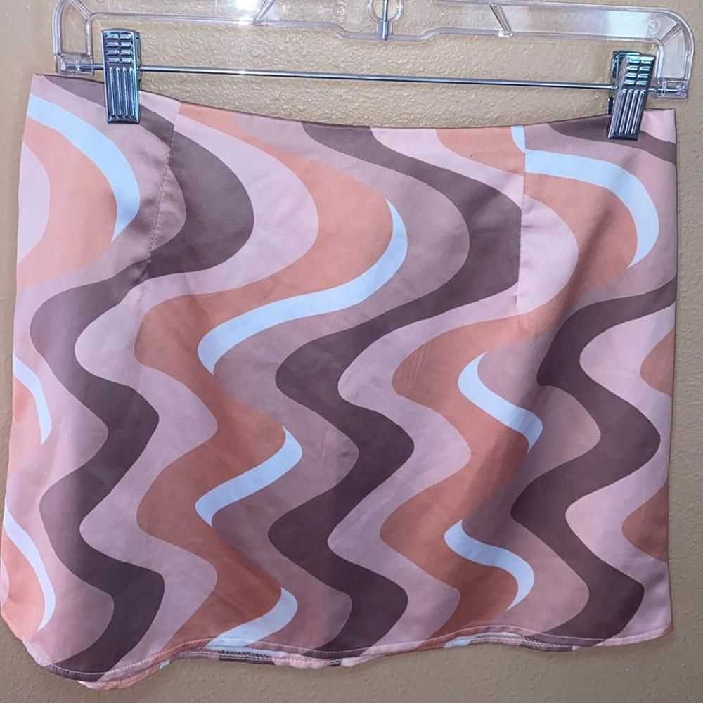 Y2K Retro Swirl Wave Print Peach Brown Cream Groovy Mini Skirt Size 8